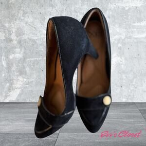 Sofft Heels Women's Black Suede Pumps Leather Button Chunky Heels Size  9M